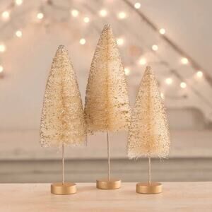Bethany Lowe Set of 3 Opal Gold Glow Bottle Brush Trees Christmas New